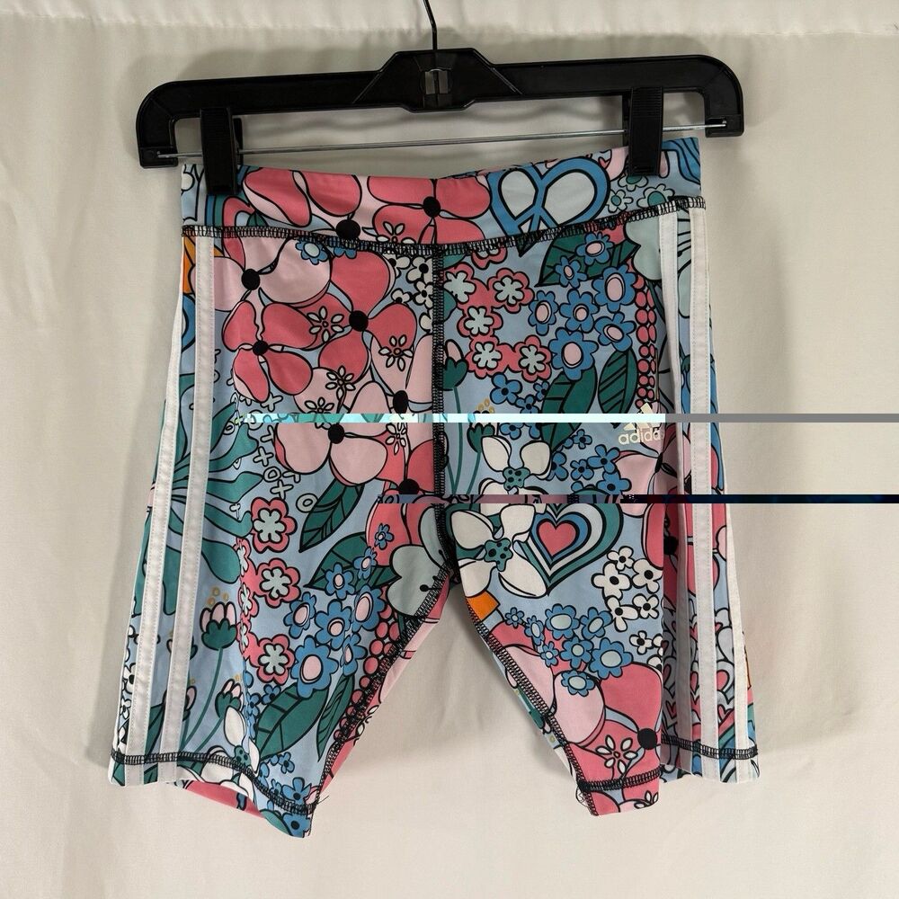 adidas Compression Shorts Girls Large 14 Blue Pink Floral 7" Inseam Pull On